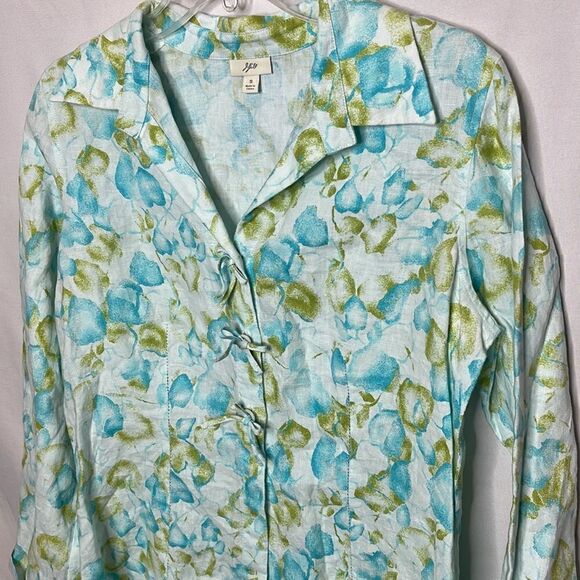 J.Jill 100% Linen Bow Button Watercolor Leaf Print Coastal Grandma Tunic Top. Sm - Picture 2 of 11